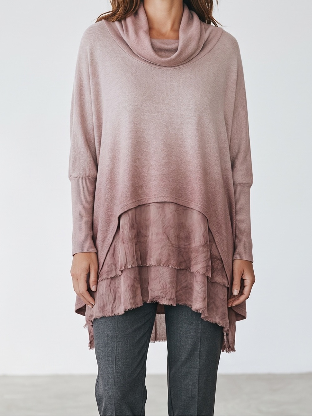 Italian Angora Blend Ombre Cowl Neck Tunic Sweater Boho M/L